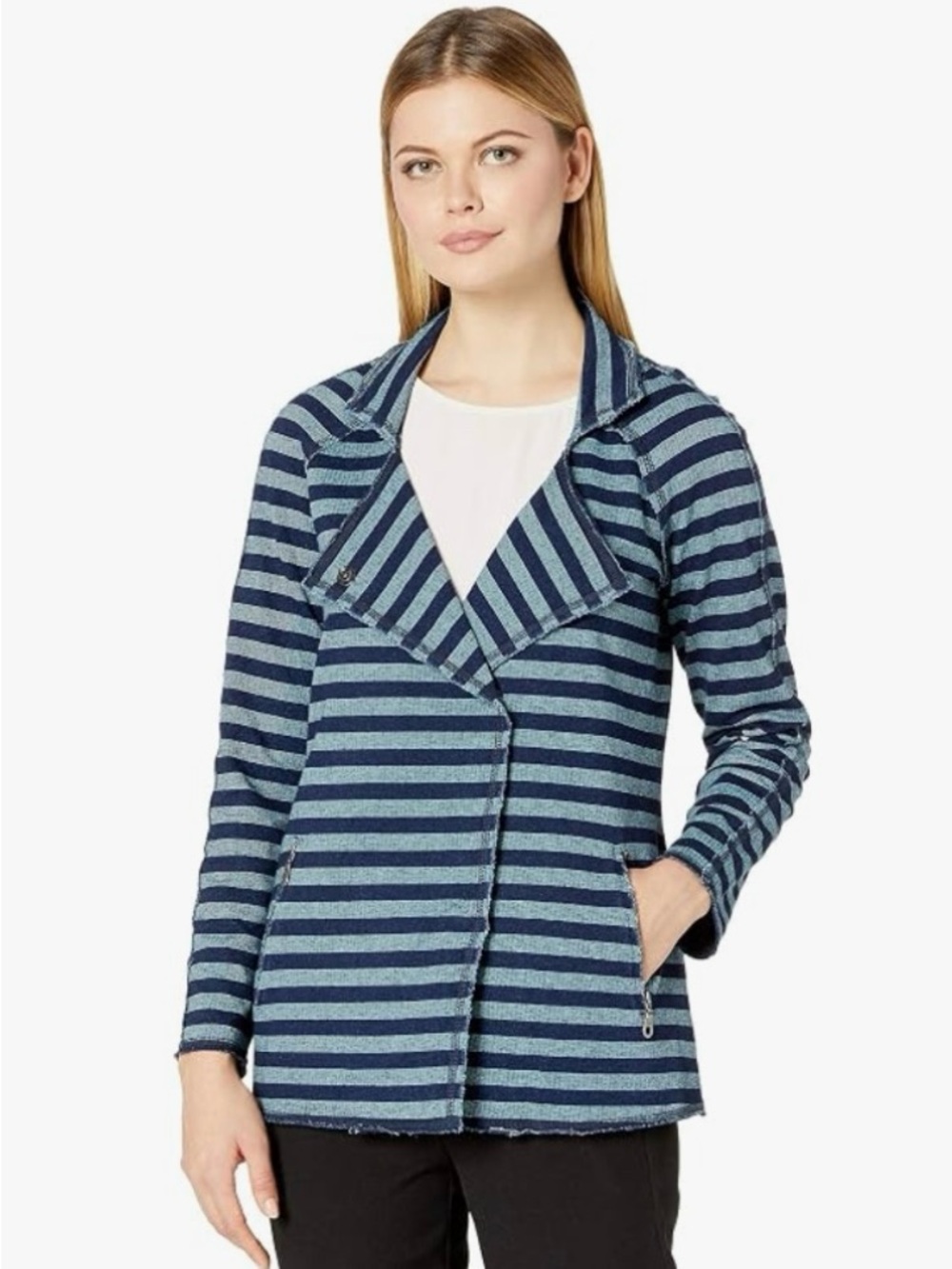 NIC+ZOE Navy and Light Blue/Green Striped Boucle Jacket